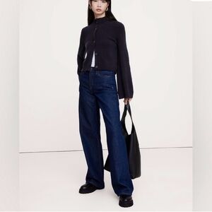 Banana Republic Merino-Wool Flare-Sleeve Cardigan in navy blue.